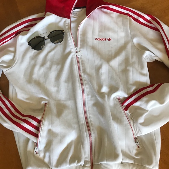 adidas red jacket white stripes